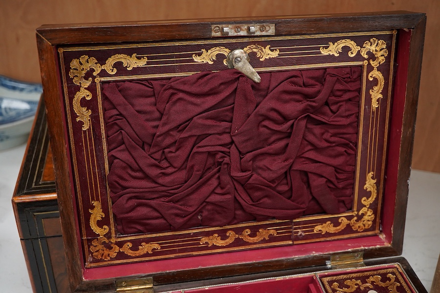 An early Victorian rosewood mother of pearl inlaid work box and burr walnut with slope